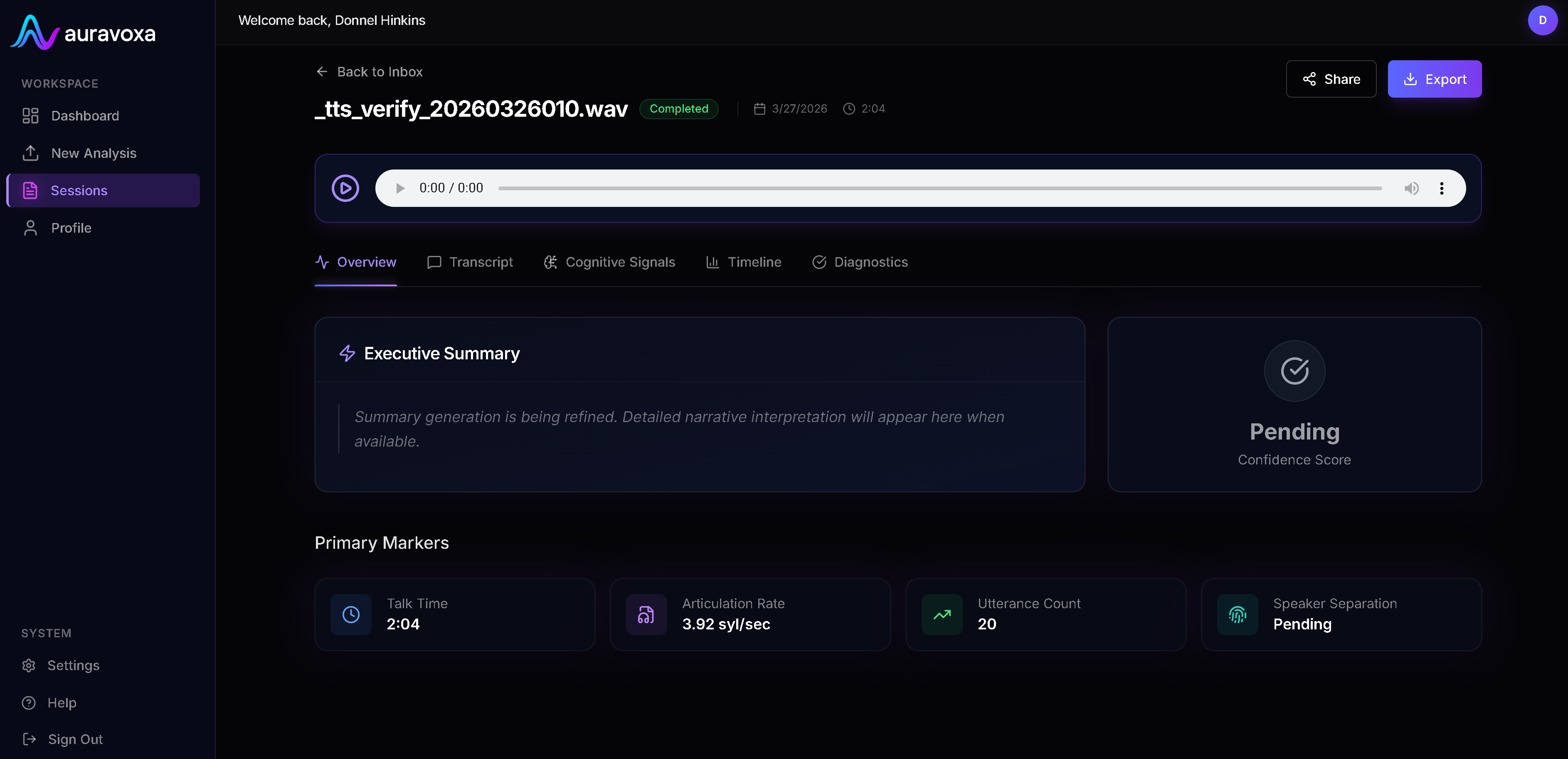 Auravoxa session detail showing acoustic timeline and signal metrics