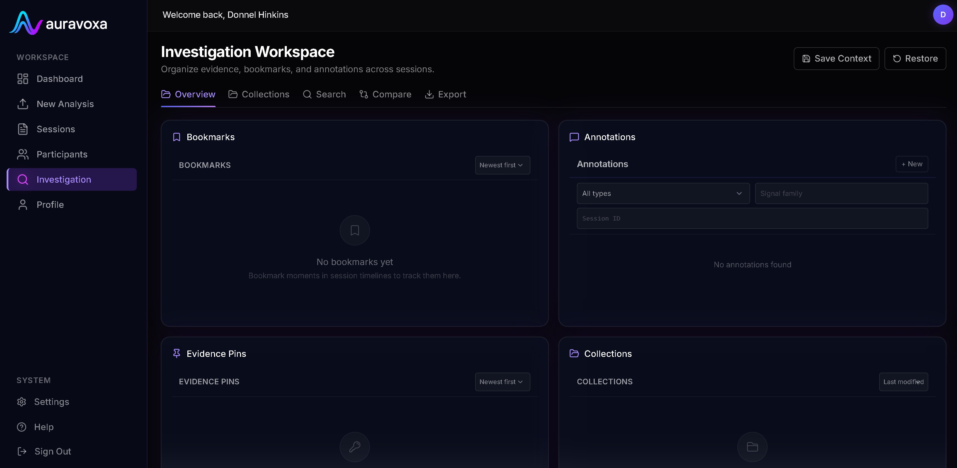Auravoxa Investigation Workspace showing bookmarks, annotations, evidence pins, and collections across sessions