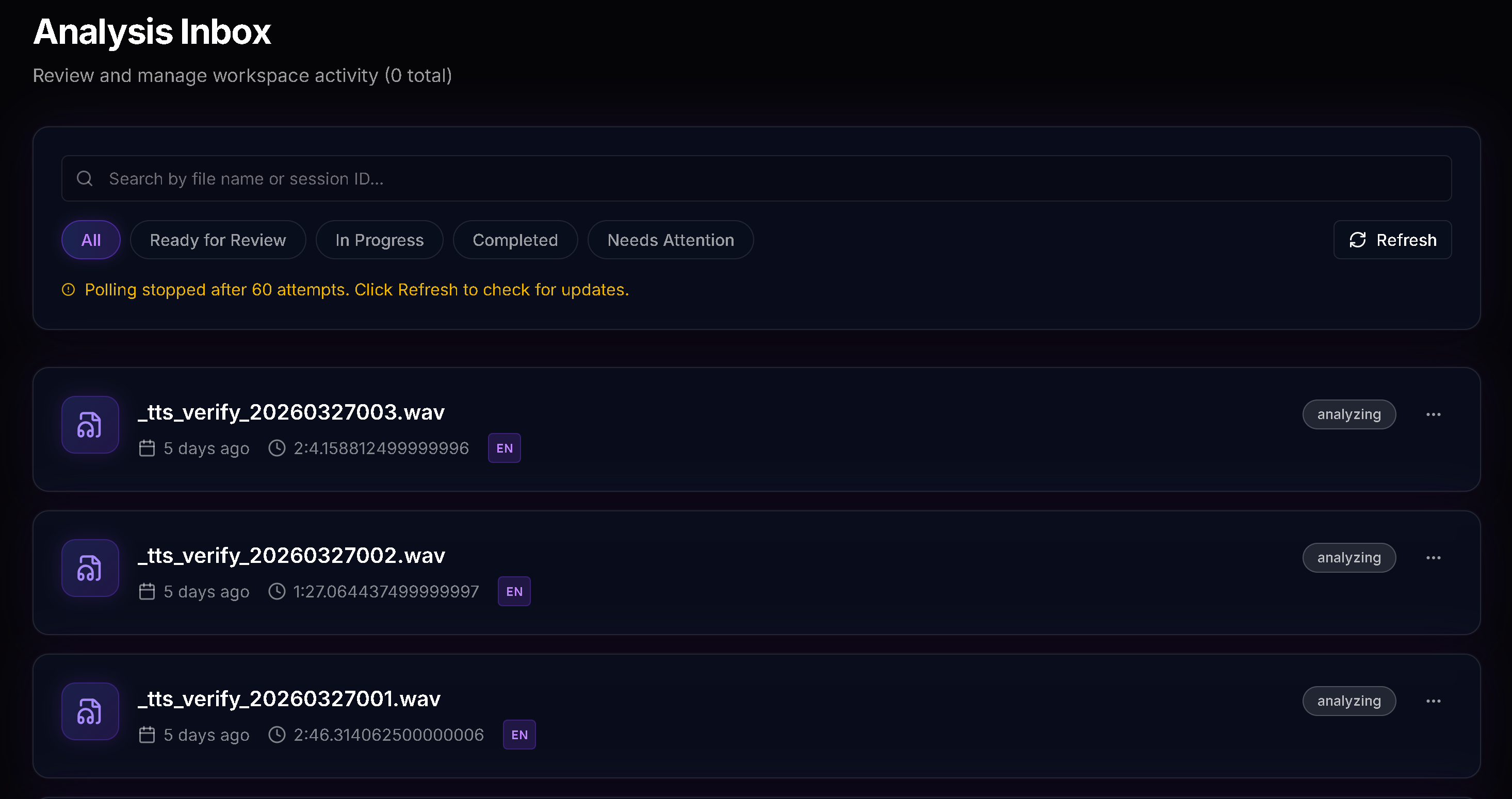 Auravoxa sessions list showing analysis status and session metadata